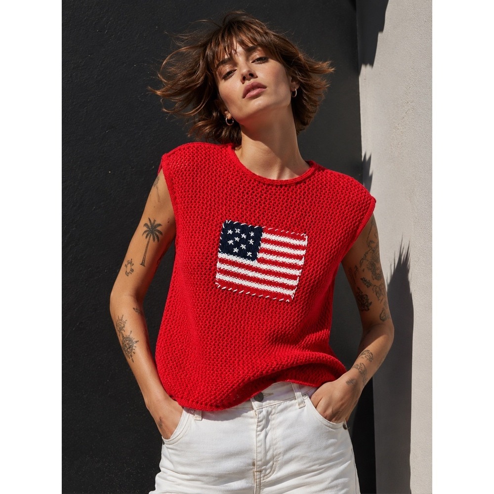 Blu Pepper American Flag Crochet Knit Top Women‎ L Red Patriotic NWT
